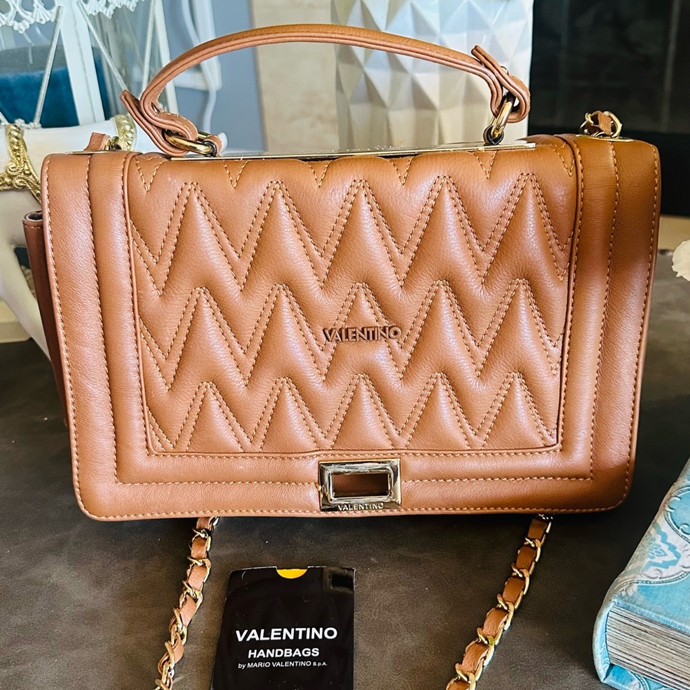 Valentino Tan Crossbody Bag with Quilted Design and Gold Hardware